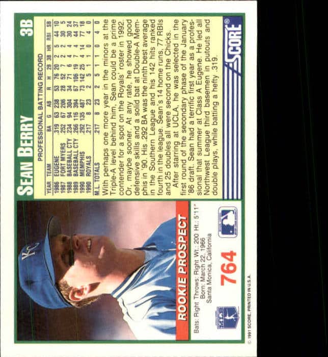1991 Score Baseball #764 Sean Berry RC Error Name misspelled on front ...