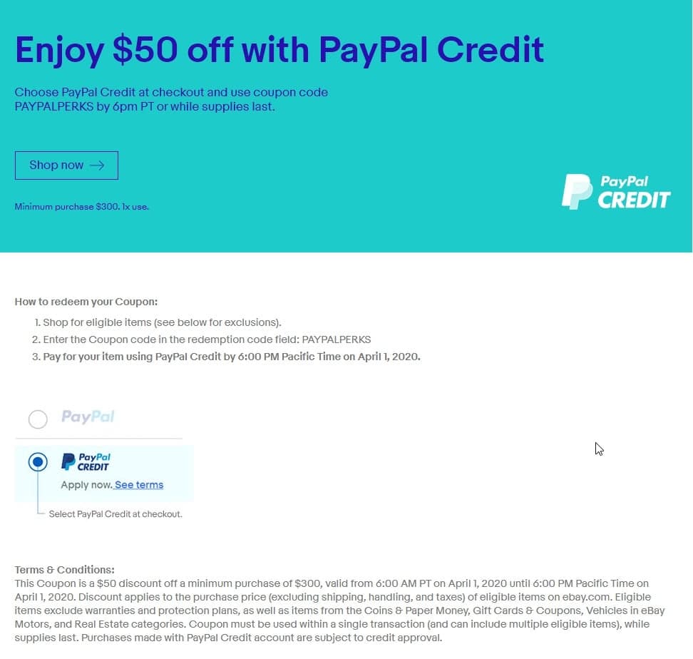 $50 off $300 using Paypal Credit : Ebay