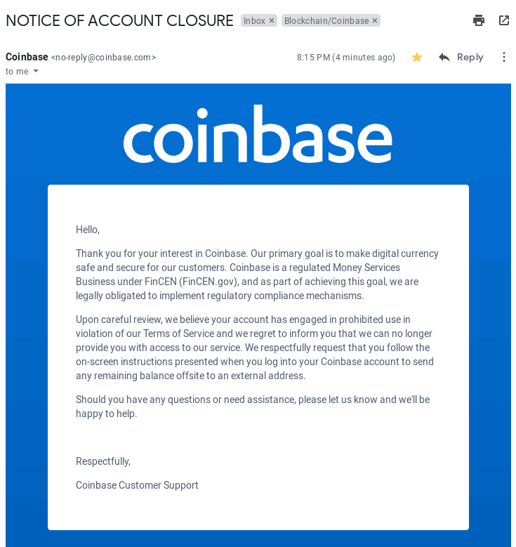 Account Closed : CoinBase