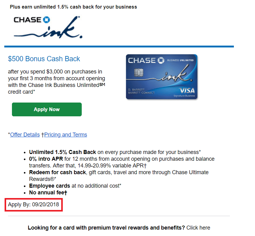 Chase Ink Business Unlimited $500 Offering Showing 9/20 End Date ...