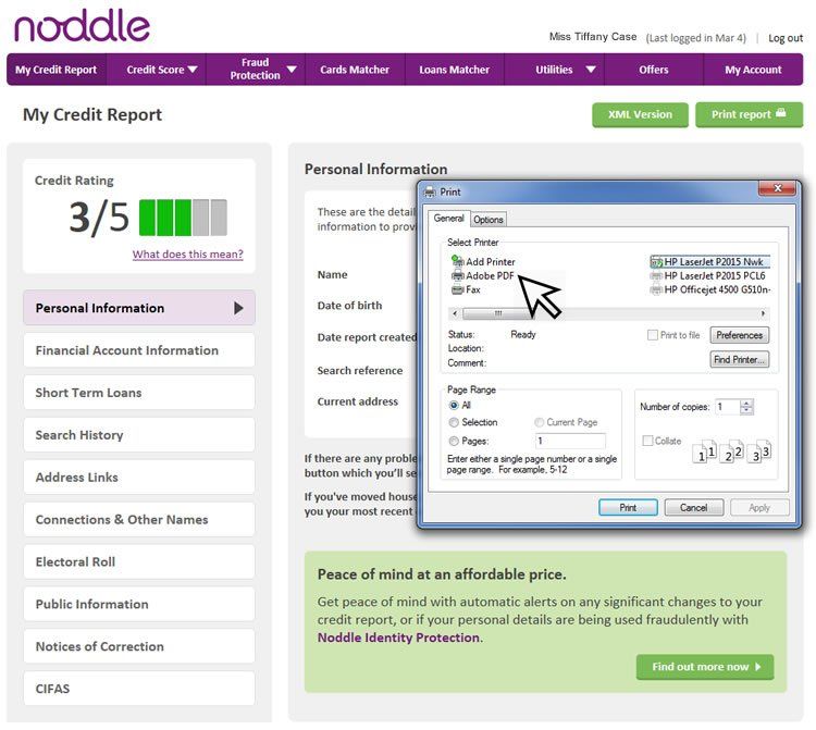 How to print your Noddle credit report