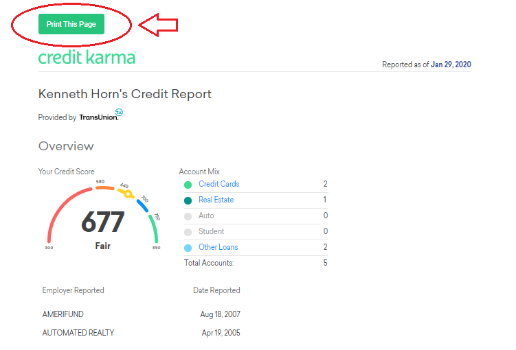 Printing a Credit Karma Credit Report